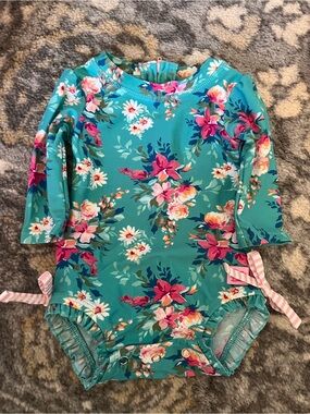 Ruffle Butts Teal Floral Long Sleeve One-Piece Swimsuit